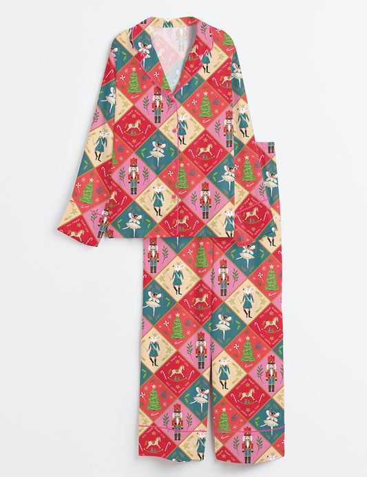 Women’s Christmas Nutcracker Christmas Tree Nutcracker Ballet Party Long Sleeve Satin Pajama Set