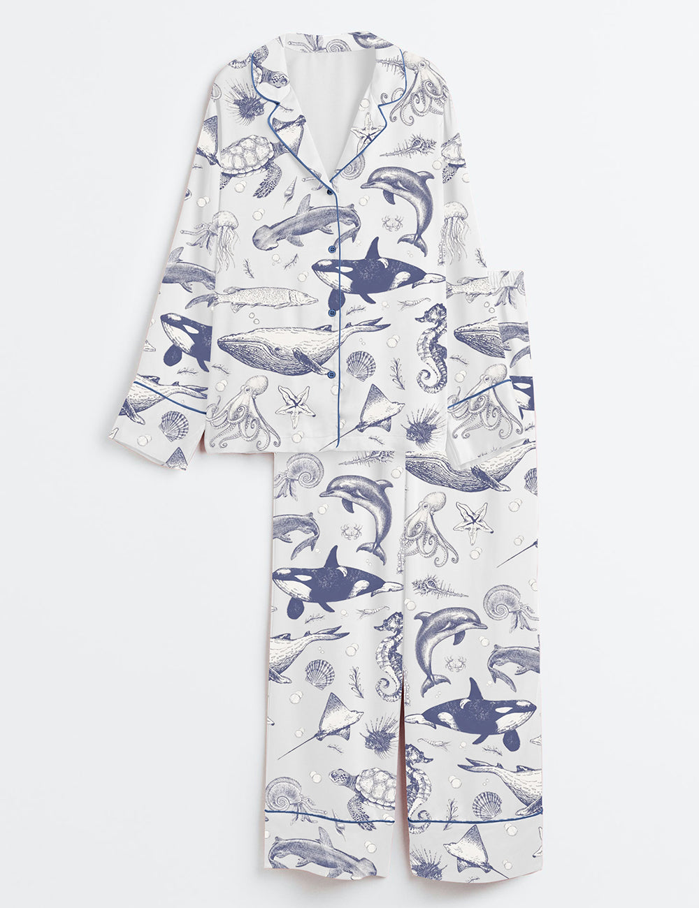 Women’s Sea Animal Ocean Nature Sealife Ocean Whale Orca Turtle Dolphin Long Sleeve Satin Pajama Set