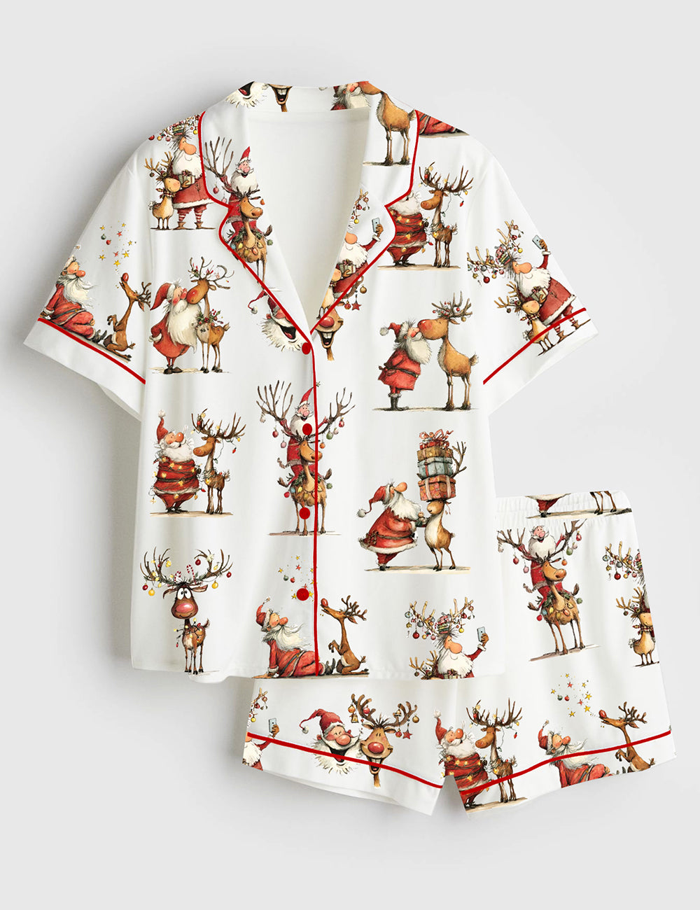 Women’s Santa And Reindeer Christmas Festive Holiday Short Sleeve Satin Pajama Set