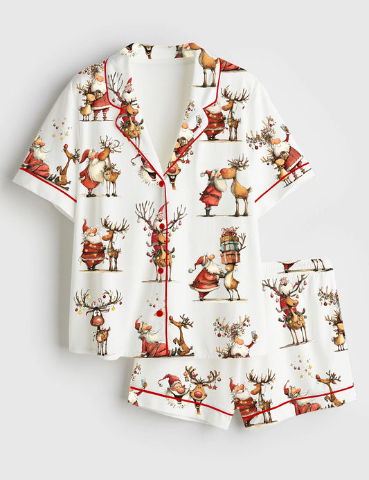 Women’s Santa And Reindeer Christmas Festive Holiday Short Sleeve Satin Pajama Set