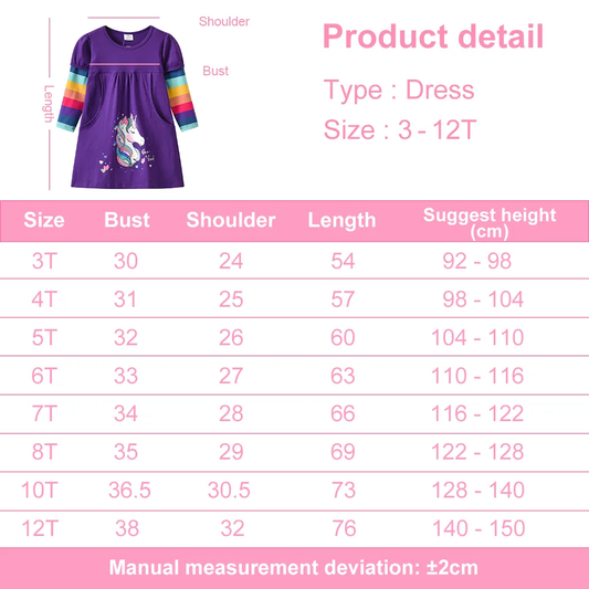 Kids Dress for Girls Autumn Winter Long Sleeve Cotton Dress Rainbow Unicorn Cartoon Print Casual Wear Children Clothes