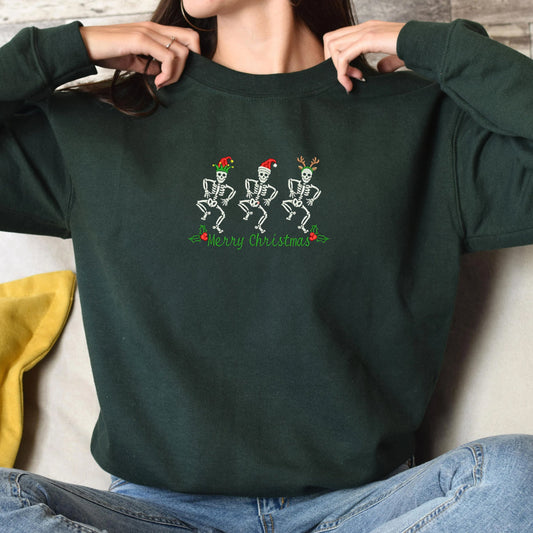 Christmas Skeletons Sweatshirt, Funny Christmas Embroidered Sweatshirt or Hoodie