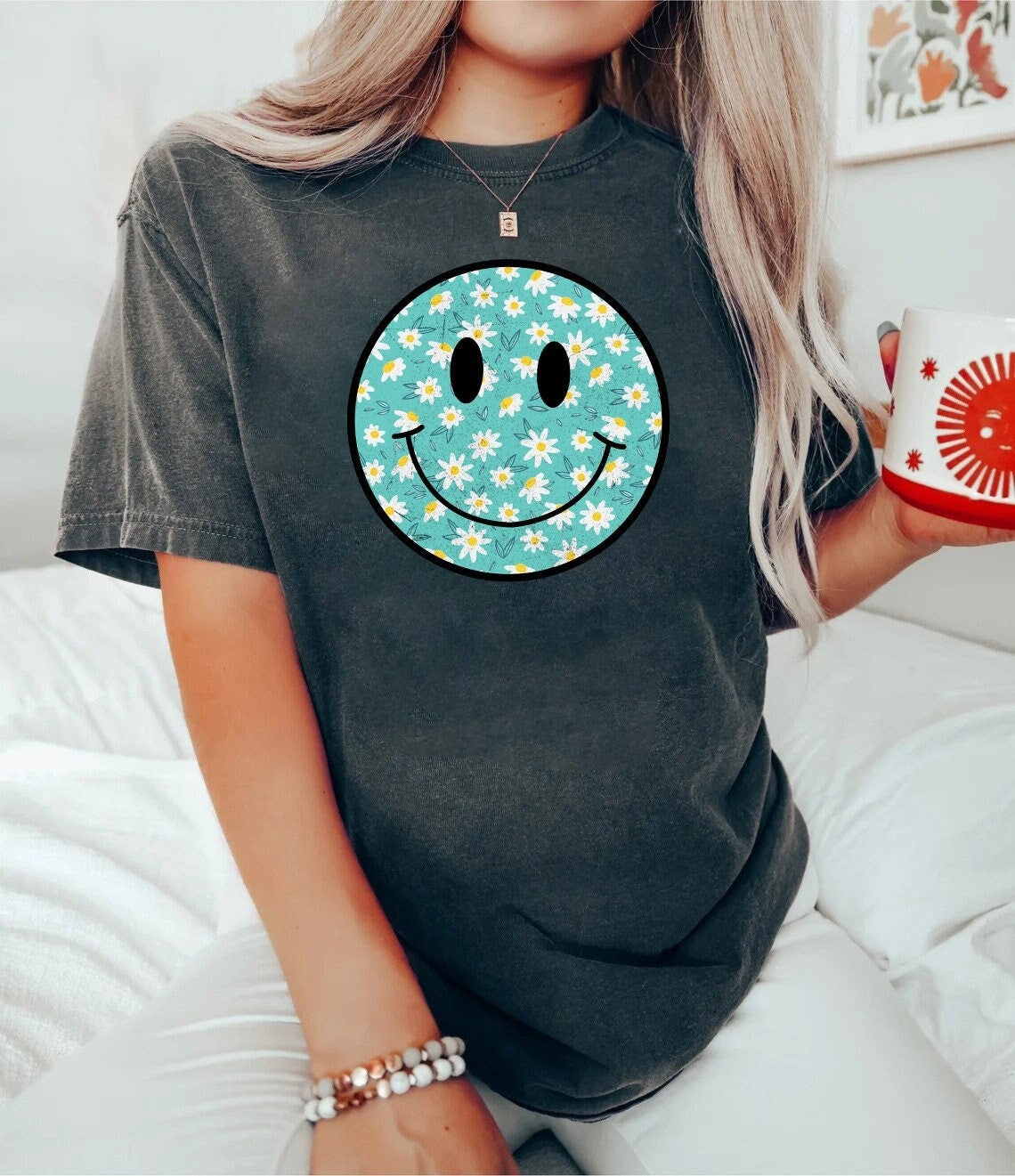 Daisy Flower Pattern Smiley Face Shirt, Retro Smile Shirt, Trendy Smile Face Shirt, Happy Face, Lightning Smiley Shirt, funny shirt