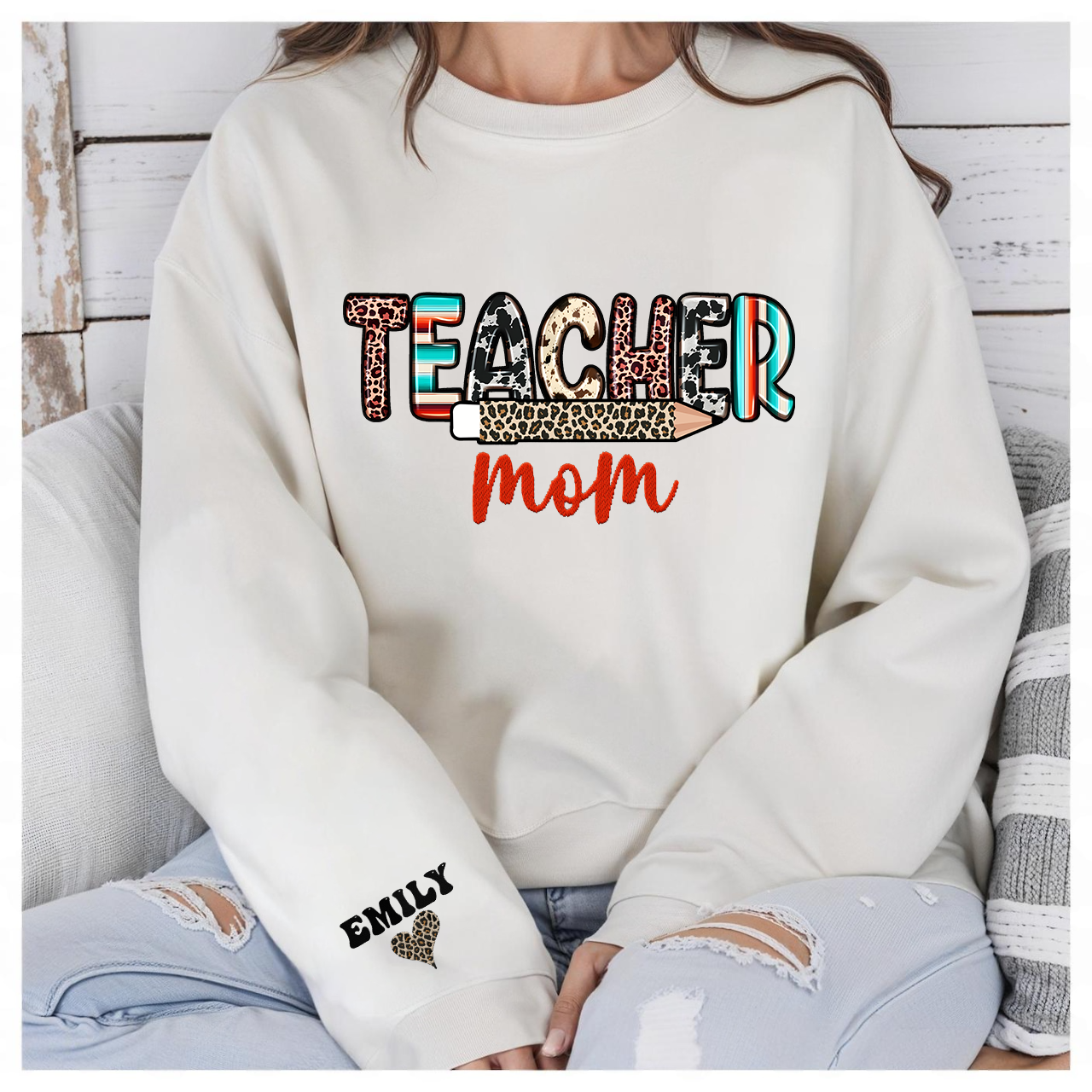 Embroidered Teacher Mom Sweatshirt, Mother's Day Gift for Teacher Mom