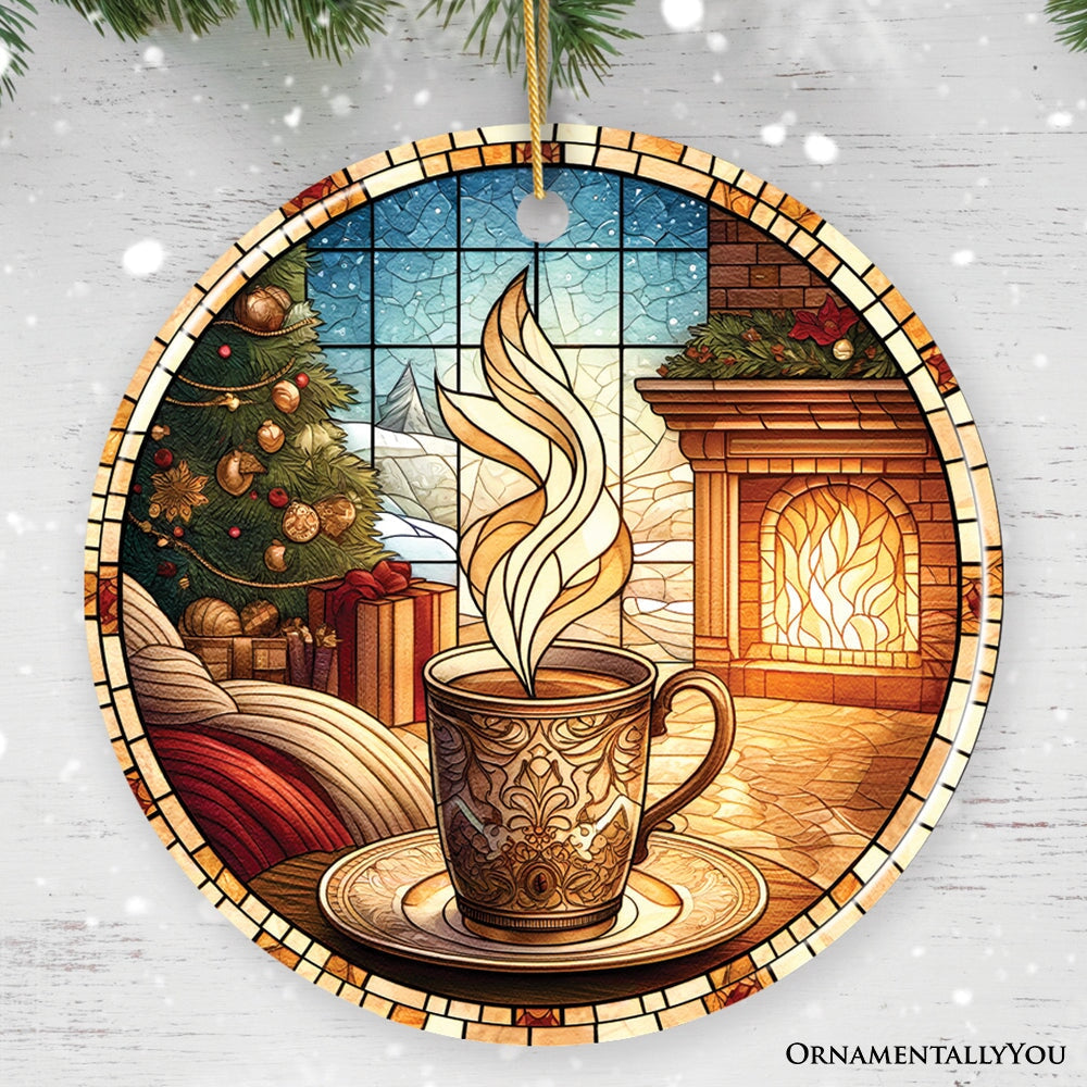 Coffee Illustration Stained Glass Style Ceramic Ornament, Christmas Gift and Decor
