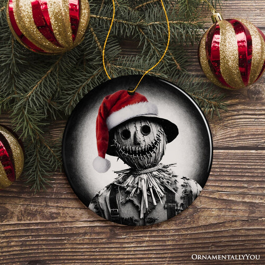 Nightmarish Scarecrow with Santa Hat Ornament, Gift For Unique Halloween Tree Christmas Decor