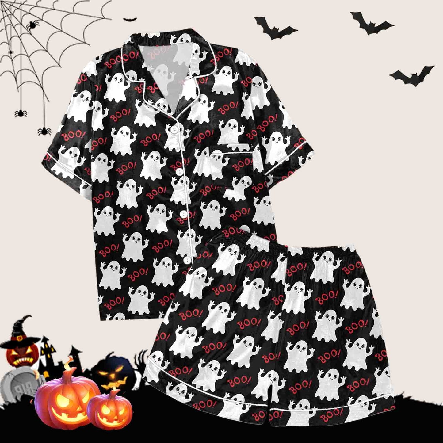 Halloween Blue Pajamas for Women Set Women Pajamas Graphic Printed Silk Satin Cute Sleepwear Buttons Short Sleeve Tops Shorts Sets Womens Sleepwear_Black_S