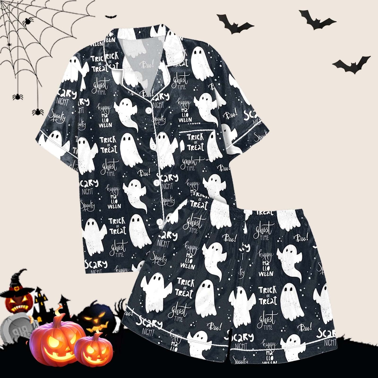 Halloween Blue Pajamas for Women Set Women Pajamas Graphic Printed Silk Satin Cute Sleepwear Buttons Short Sleeve Tops Shorts Sets Womens Sleepwear_Navy_S