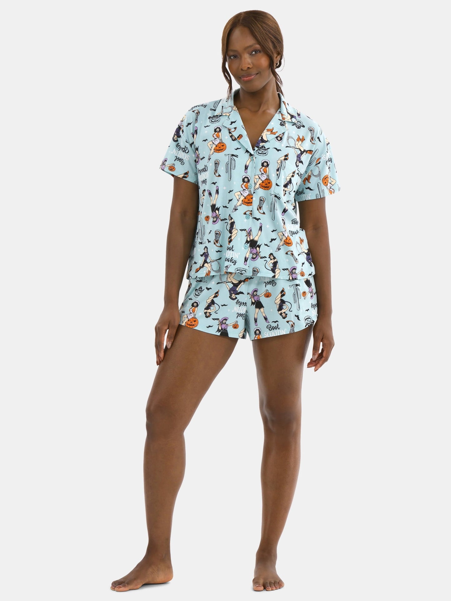 Halloween Women’s Spooky Printed Notched Top and Shorts Pajama Set from Way to Celebrate