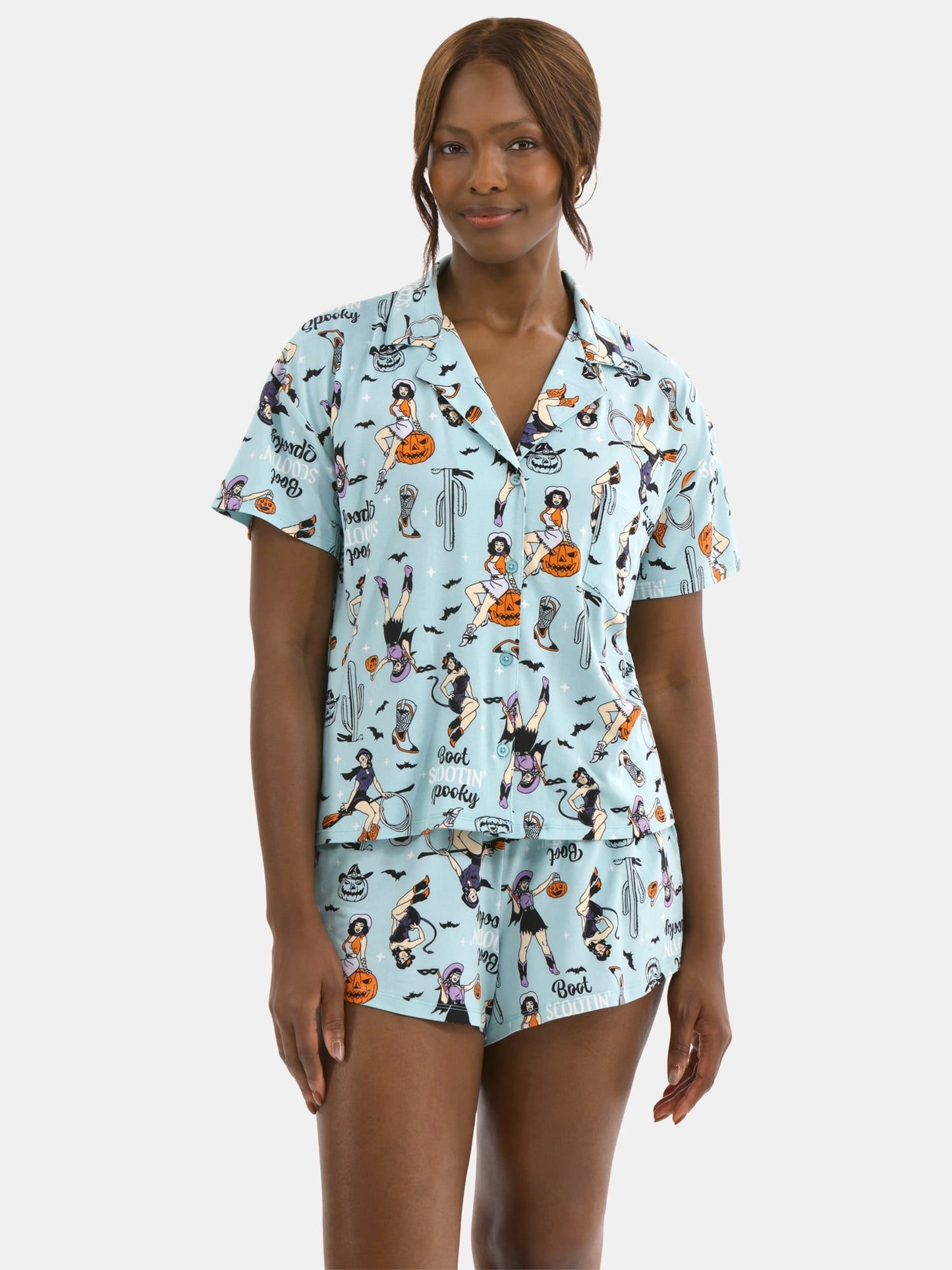 Halloween Women’s Spooky Printed Notched Top and Shorts Pajama Set from Way to Celebrate