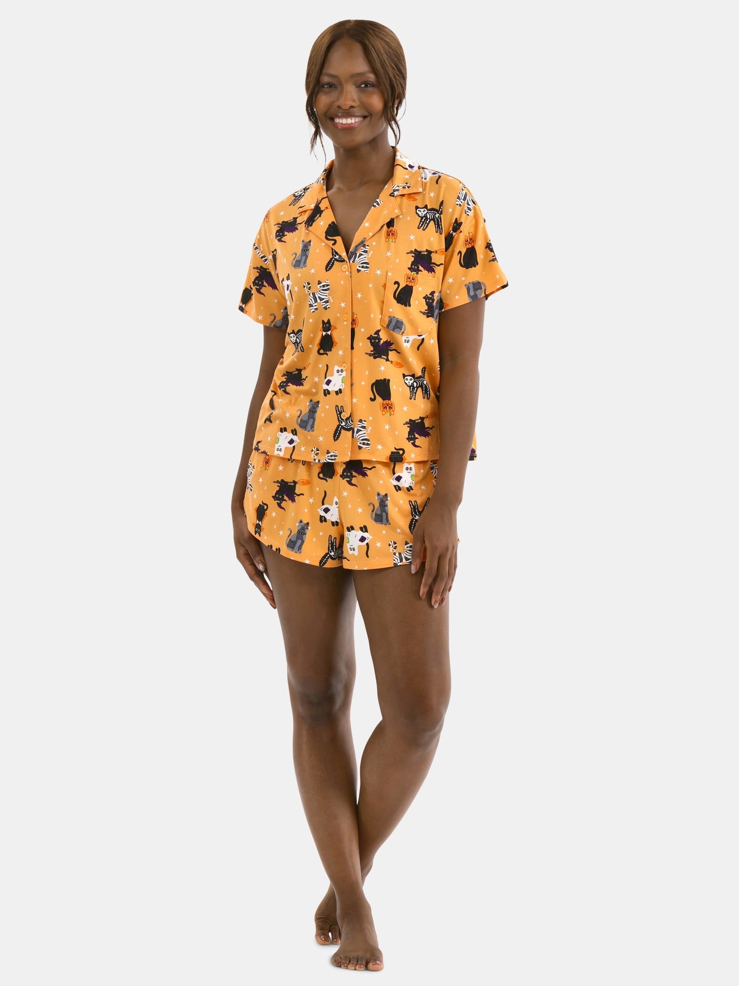 Halloween Women’s Pumpkin Cat Printed Notched Top and Shorts Pajama Set from Way to Celebrate