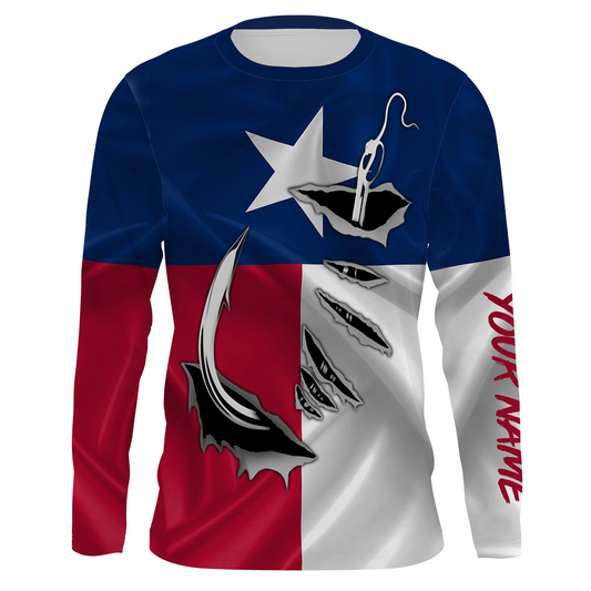 TX Fishing 3D Fish Hook Texas Flag UV protection custom long sleeves shirts personalized fishing apparel gifts