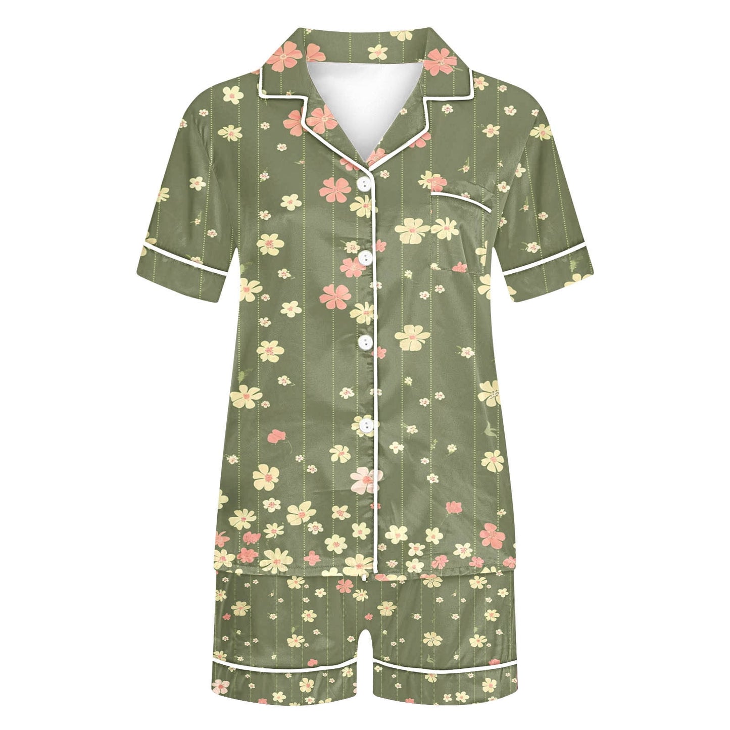 Halloween Pajamas Fashion Casual Printed Short Sleeve Lapel Top with Shorts Loose Comfortable Home Pajama Set Green