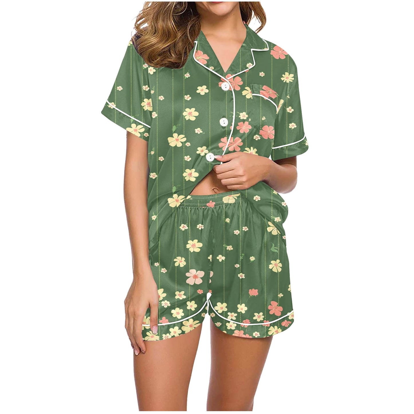 Halloween Pajamas Fashion Casual Printed Short Sleeve Lapel Top with Shorts Loose Comfortable Home Pajama Set Green