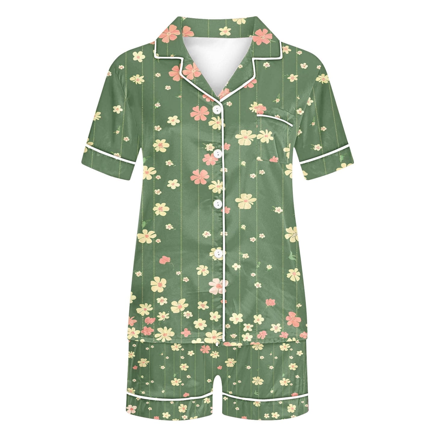 Halloween Pajamas Fashion Casual Printed Short Sleeve Lapel Top with Shorts Loose Comfortable Home Pajama Set Green