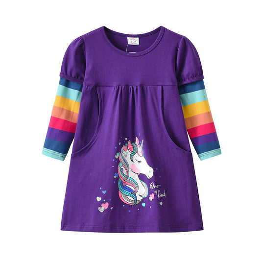 Kids Dress for Girls Autumn Winter Long Sleeve Cotton Dress Rainbow Unicorn Cartoon Print Casual Wear Children Clothes