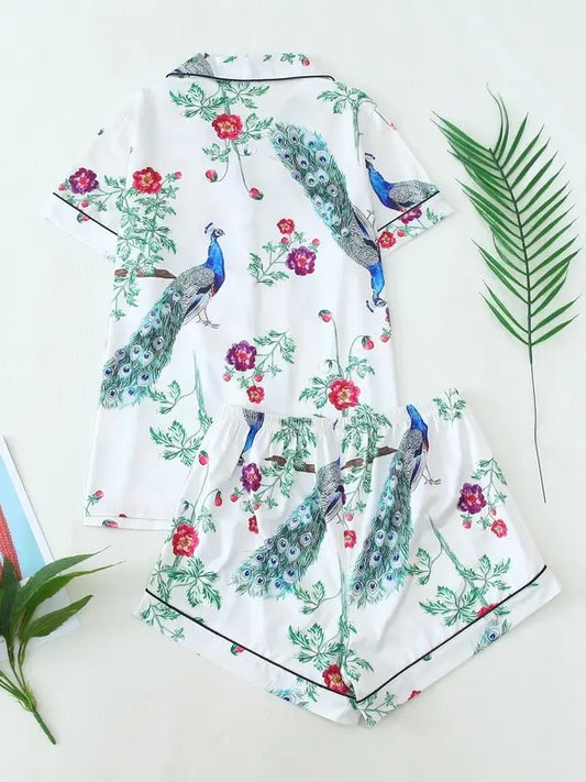 Two-piece Set Women's All Over Bird & Floral Print Lapel Neck Pocket Shirt & Elastic Waist Pants Pajama, Casual Comfy Short Sleeve Button Up Top & Trousers Set, Ladies Summer Sleepwear, Pajama Set