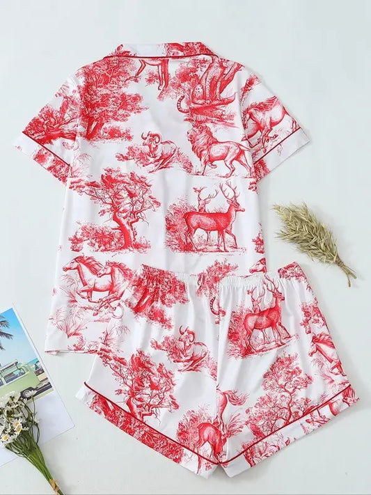 Women's All Over Animal Print Short Sleeve Shirt & Pants Pajama Two-piece Set, Casual Comfy Button Down Lapel Neck Top & Trousers Pajama Set, Ladies Sleepwear for All Seasons, Loungewear, Womenswear