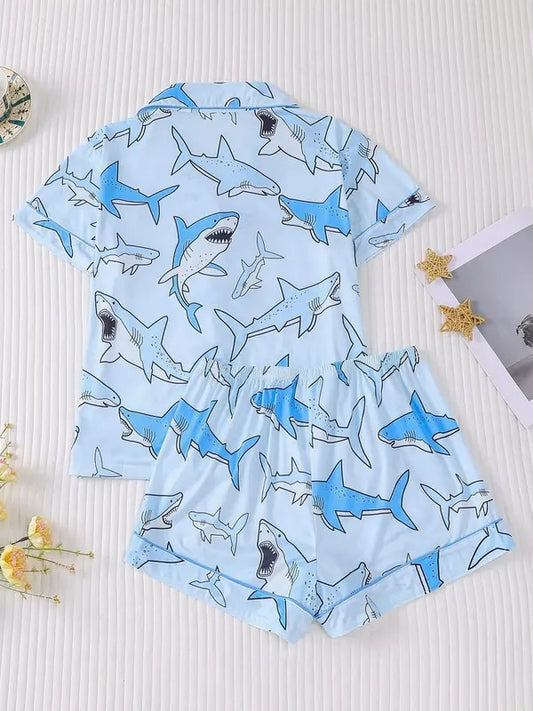 Women's All Over Animal Print Shortsleeve Shirt & Elastic Waist Shorts Pyjama Two-piece Set, Casual Comfy Short Sleeve Top & Shorts Pj Set, Ladies Sleepwear for All Seasons, Loungewear, Pajama Set, Summer Sleepwear