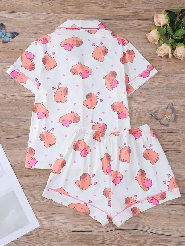 Women's All Over Cartoon  Print Top & Elastic Waist Shorts Pajama Two-piece Set, Casual Comfy Short Sleeve Top & Shorts Pajamas Set, Ladies Sleepwear for All Seasons