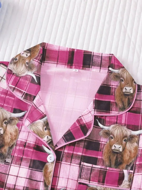Women's All Over Cow Print Shortsleeve Shirt & Elastic Waist Shorts Pyjama Two-piece Set, Casual Comfy Short Sleeve Top & Pajama Shorts Set, Ladies Sleepwear for All Seasons, Loungewear, Pajama Sets, Pajamas, Womenswear, Pjs