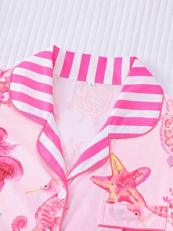 Women's All Over Marine Life Print Contrast Trim Short Sleeve Pajama Two-Piece Set, Casual Cute Comfy Soft Button Front Chest Pocket Design Lapel Neck Top & Elastic Waist Shorts Pajama Set, Ladies Sleepwear for All Seasons