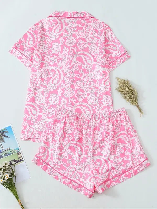 Women's All Over Paisley Print Short Sleeve Pajama Two-piece Set, Elegant Casual Comfy Button Front Chest Pocket Design Lapel Neck Top & Elastic Waist Shorts Pajama Set, Ladies Sleepwear for All Seasons, Loungewear, Womenswear