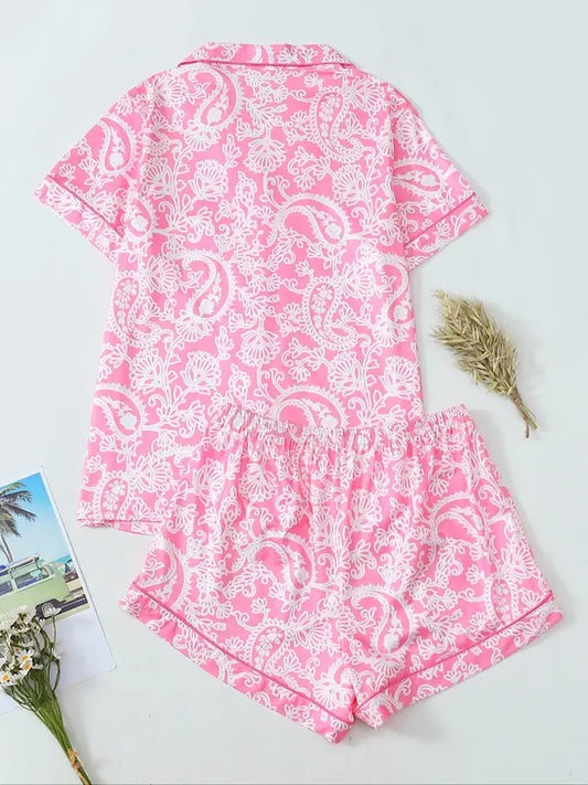 Women's All Over Paisley Print Short Sleeve Pajama Two-piece Set, Elegant Casual Comfy Button Front Chest Pocket Design Lapel Neck Top & Elastic Waist Shorts Pajama Set, Ladies Sleepwear for All Seasons, Loungewear, Womenswear