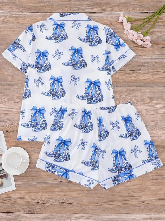 Women's All Over Print Button Front Shirt & Elastic Waist Shorts Pajama Two-piece Set, Casual Comfy Short Sleeve Top & Shorts Pajama Set, Ladies Sleepwear for All Seasons, Pajama Sets, Glam Lounge Wear, Pajamas