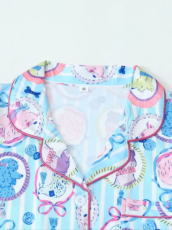 Women's All Over Print Lapel Neck Pajama Two-Piece Set, Casual Comfy Short Sleeve Top & Shorts Pajama Set, Ladies Sleepwear for All Seasons, Loungewear
