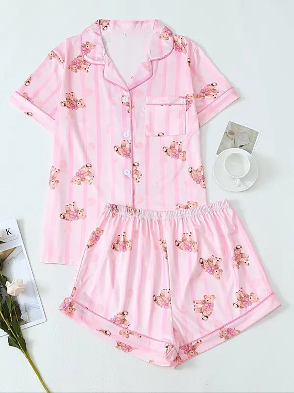 Women's All Over Print Shortsleeve Shirt & Elastic Waist Shorts Pajama Set, Casual Comfy Short Sleeve Top & Shorts Set, Ladies Sleepwear for Summer, Loungewear, Womenswear