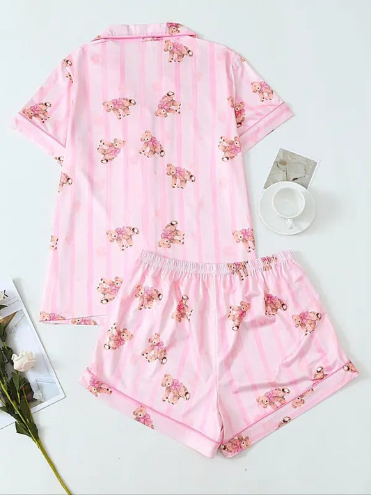 Women's All Over Print Shortsleeve Shirt & Elastic Waist Shorts Pajama Set, Casual Comfy Short Sleeve Top & Shorts Set, Ladies Sleepwear for Summer, Loungewear, Womenswear