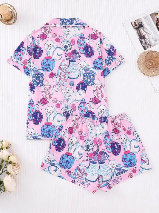 Women's Cartoon Cat Print Lapel Neck Short Sleeve Shirt & Elastic Waist Shorts Pajama Two-Piece Set, Casual Comfy Button Front Chest Pocket Design Top & Shorts PJ Set, Ladies Sleepwear for All Seasons