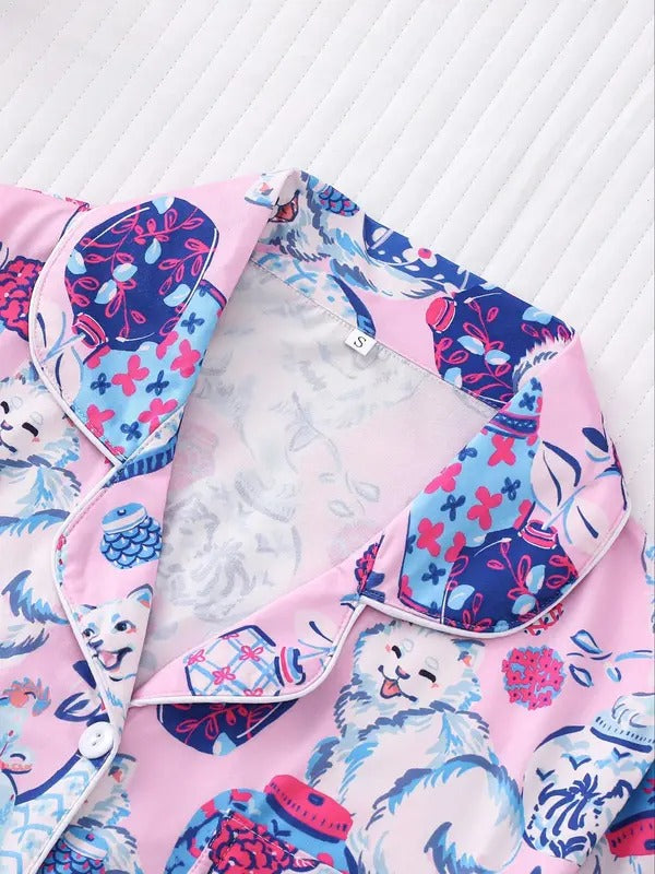 Women's Cartoon Cat Print Lapel Neck Short Sleeve Shirt & Elastic Waist Shorts Pajama Two-Piece Set, Casual Comfy Button Front Chest Pocket Design Top & Shorts PJ Set, Ladies Sleepwear for All Seasons