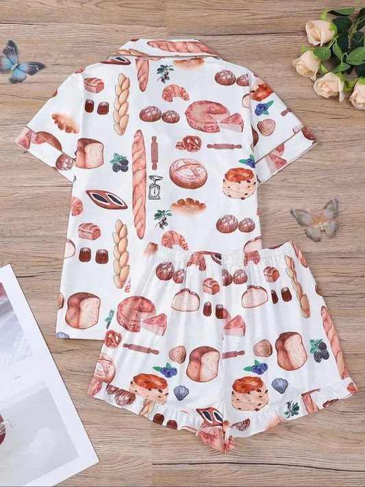 Women's Cartoon Food Print Shirt & Elastic Waist Shorts Pajama Two-piece Set, Casual Comfy Short Sleeve Top & Shorts Pajama Set, Ladies Sleepwear for All Seasons