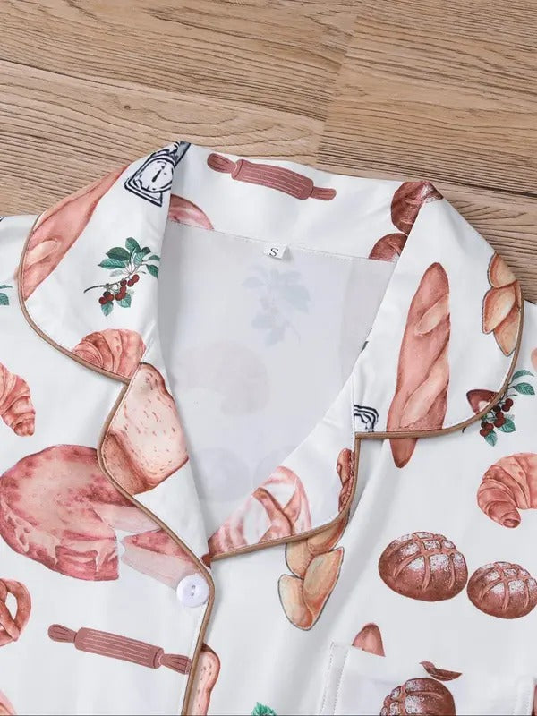 Women's Cartoon Food Print Shirt & Elastic Waist Shorts Pajama Two-piece Set, Casual Comfy Short Sleeve Top & Shorts Pajama Set, Ladies Sleepwear for All Seasons