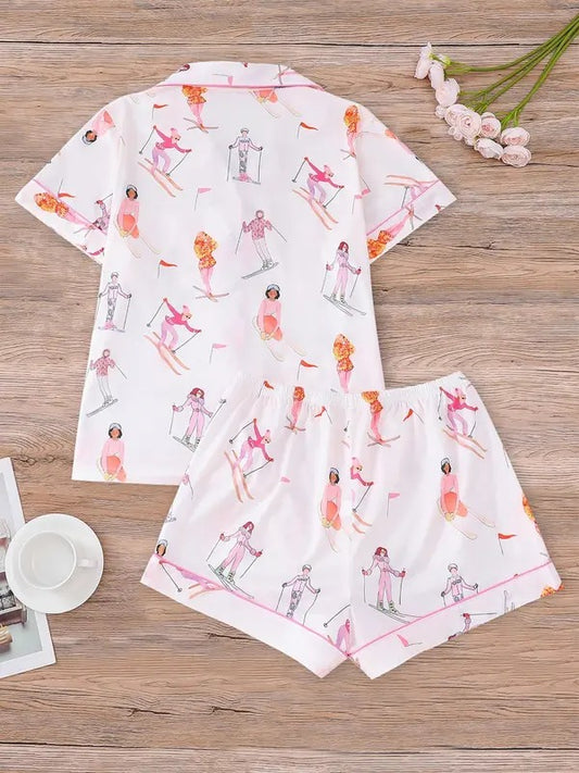 Women's Cartoon Print Shirt & Elastic Waist Shorts Pajama, Casual Comfy Short Sleeve Top & Shorts Pj Set, Ladies Sleepwear for Summer, Loungewear