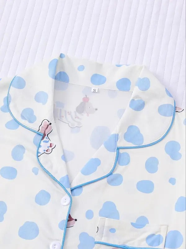 Women's Cartoon Print Short Sleeve Top & Elastic Waist Shorts Pajama, Casual Comfy Top & Shorts Pj Set, Ladies Sleepwear for Summer, Loungewear