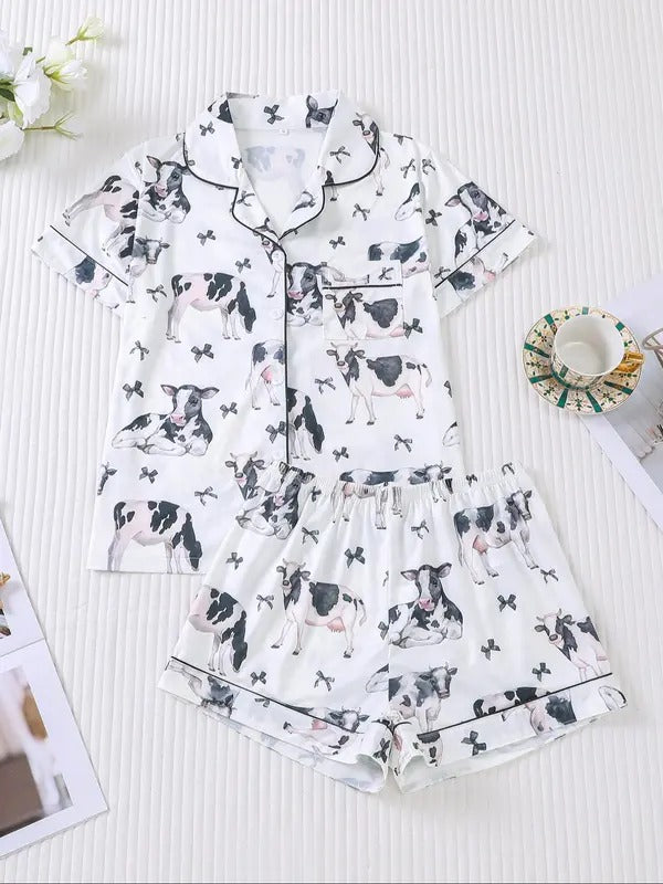 Women's Cow Print Short Sleeve Top & Elastic Waist Shorts Pajama Set, Casual Comfy 2-piece Pajama Set for Women, Women's Sleepwear for Summer, Pjs, Womenswear