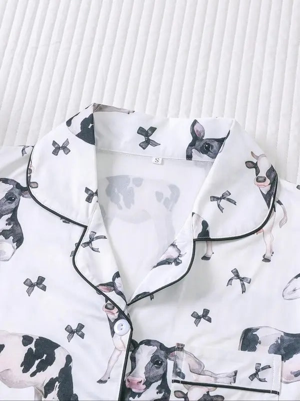 Women's Cow Print Short Sleeve Top & Elastic Waist Shorts Pajama Set, Casual Comfy 2-piece Pajama Set for Women, Women's Sleepwear for Summer, Pjs, Womenswear