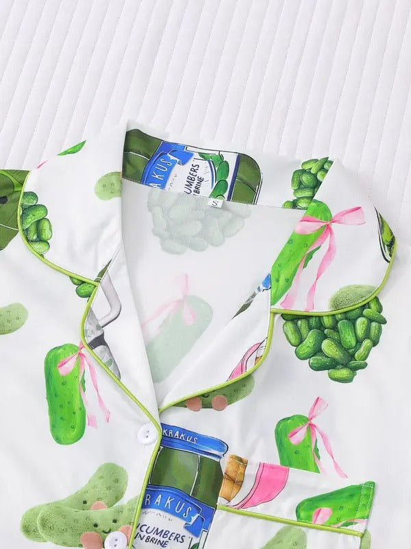 Women's Cucumber Print Shortsleeve Pajama Set, Casual Comfy Button Front Chest Pocket Design Lapel Neck Top & Elastic Waist Shorts Pj Set, Ladies Sleepwear, Womenswear, Loungewear, Pajamas