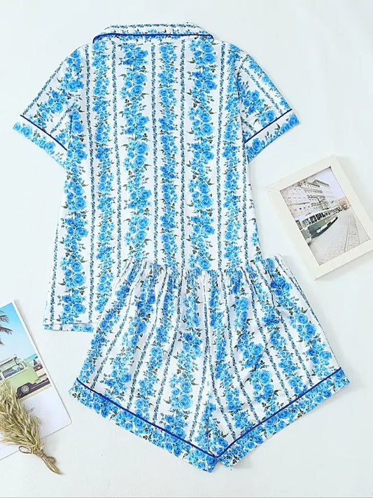 Women's Floral Print Crop Top & Shorts Pajama Two-piece Set, Casual Comfy Short Sleeve Top & Shorts Pajama Set, Ladies Sleepwear for All Seasons, Loungewear