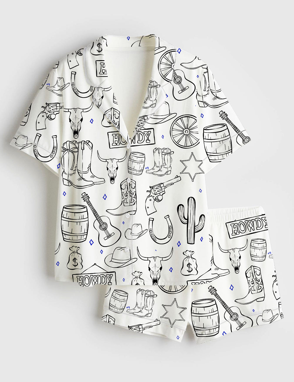 Women’s Cowboy Western Procreate Cowboy Boots Hat Skull Howdy Cowboy Hat Music Short Sleeve Satin Pajama Set