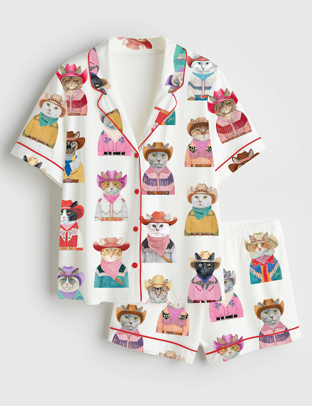 Women’s Western Cowboy Cats Cat Lovers Short Sleeve Satin Pajama Set