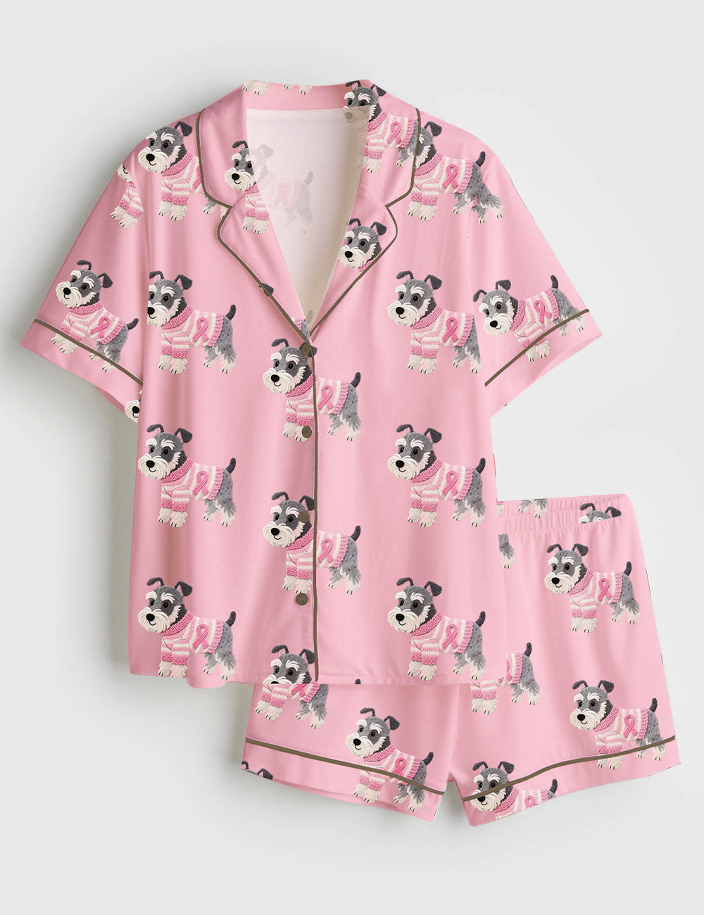 Women’s Schnauzer In Pink Clothes Breast Cancer Awareness Short Sleeve Satin Pajama Set