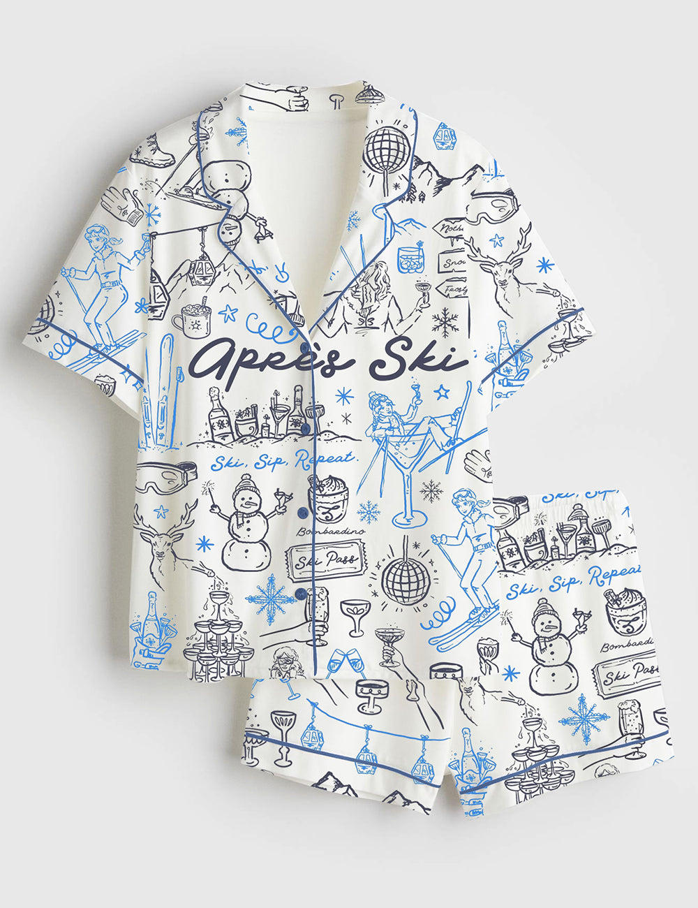 Women’s Skiing Apres Ski Winter Snow Holiday Short Sleeve Satin Pajama Set