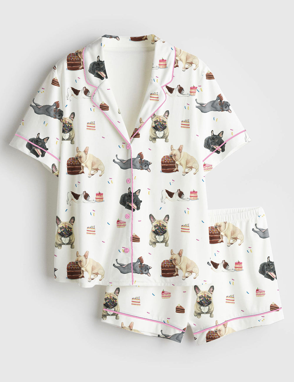 Women’s French Bulldog Birthday Gift Birthday Cake Cute French Bulldog Print Short Sleeve Satin Pajama Set