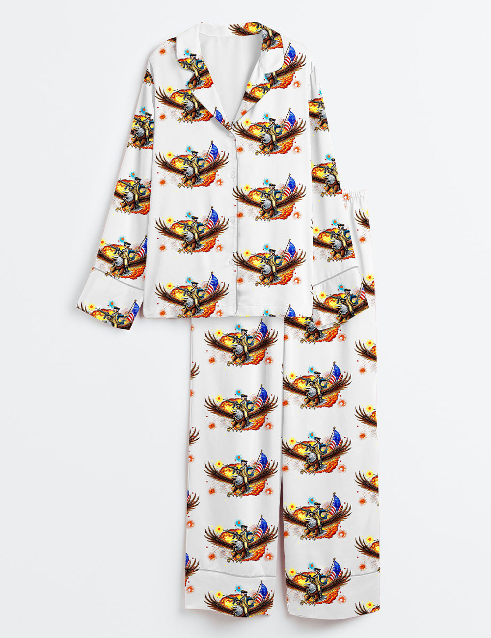 Women’s Wtf Is A Kilometer Eagle Funny 4th Of July Founding Father USA Independence Day Print Long Sleeve Satin Pajama Set