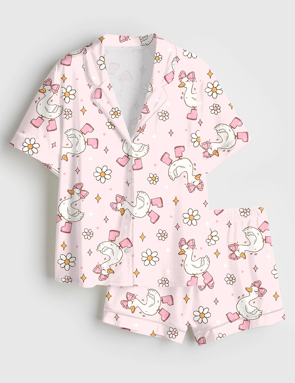 Women’s Silly Goose Repeating Goose Pattern Cute Pink Duck Print Short Sleeve Satin Pajama Set