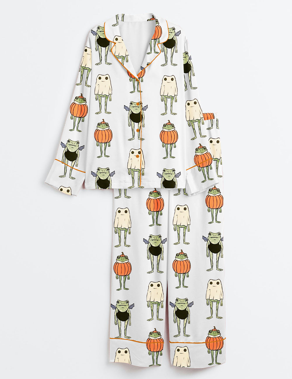 Women’s Halloween Frogs Spooky Cute Toad And Frog In Pumpkin Ghost And Bat Long Sleeve Satin Pajama Set